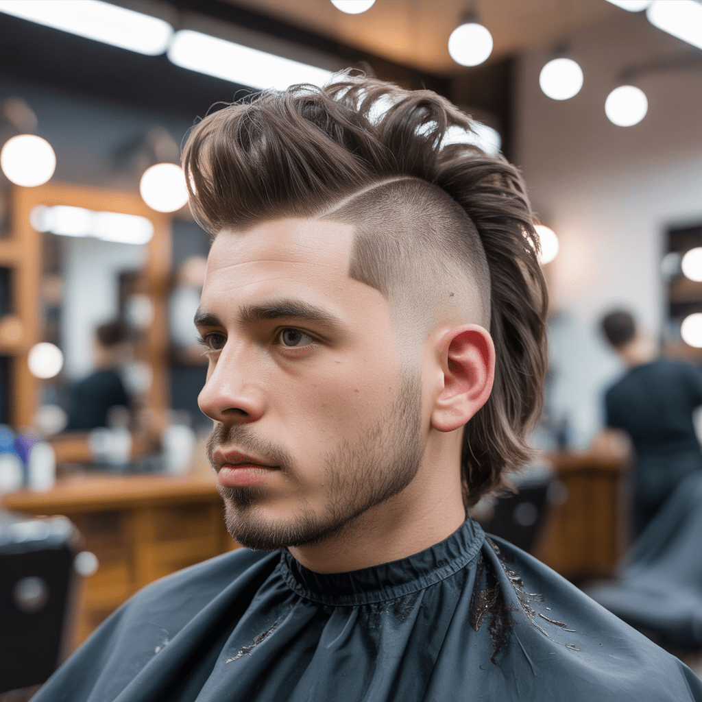Retrato ultra-realista 8K de un joven con el peinado de moda fohawk mullet. El cabello tiene una textura definida y la foto captura el entorno profesional de un estudio de peluquería.