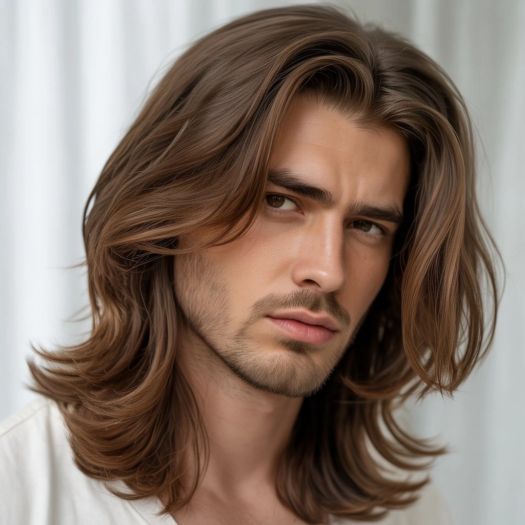 Retrato masculino realista con cabello largo de textura natural y estilo sofisticado inspirado en tendencias 2025.