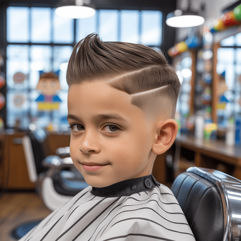 Retrato ultra-realista 8K de un niño con un peinado fohawk juvenil y expresión natural. La foto fue generada por IA en un entorno de barbería amigable para niños, con iluminación suave.