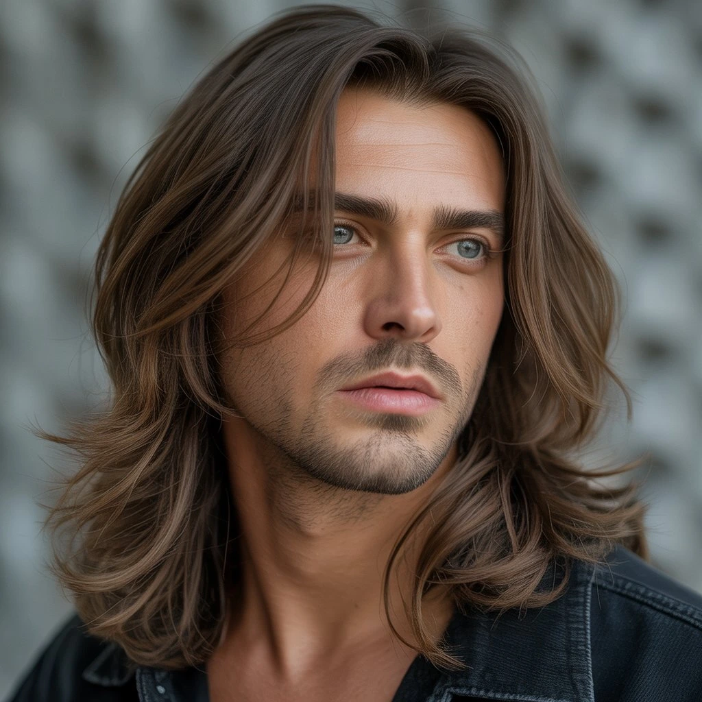 Retrato ultra realista de un hombre con cabello largo y en capas, estilo editorial masculino, tendencia de grooming 2025. peinados largos para hombres