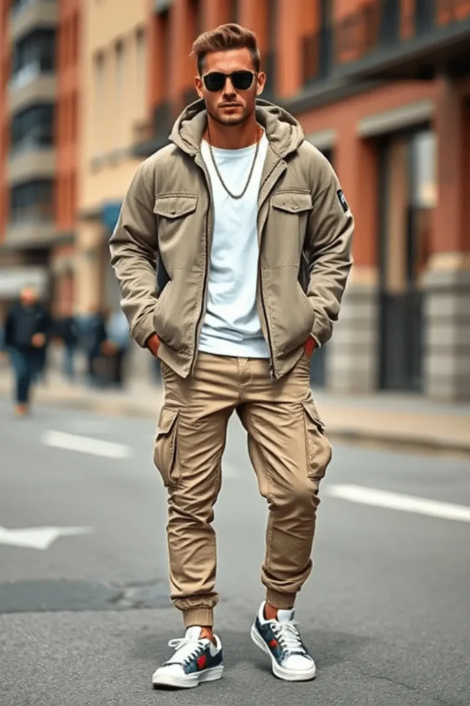  Streetwear moderno para hombres 2025 con chaqueta oversize y pantalones cargo, tendencias de moda masculina