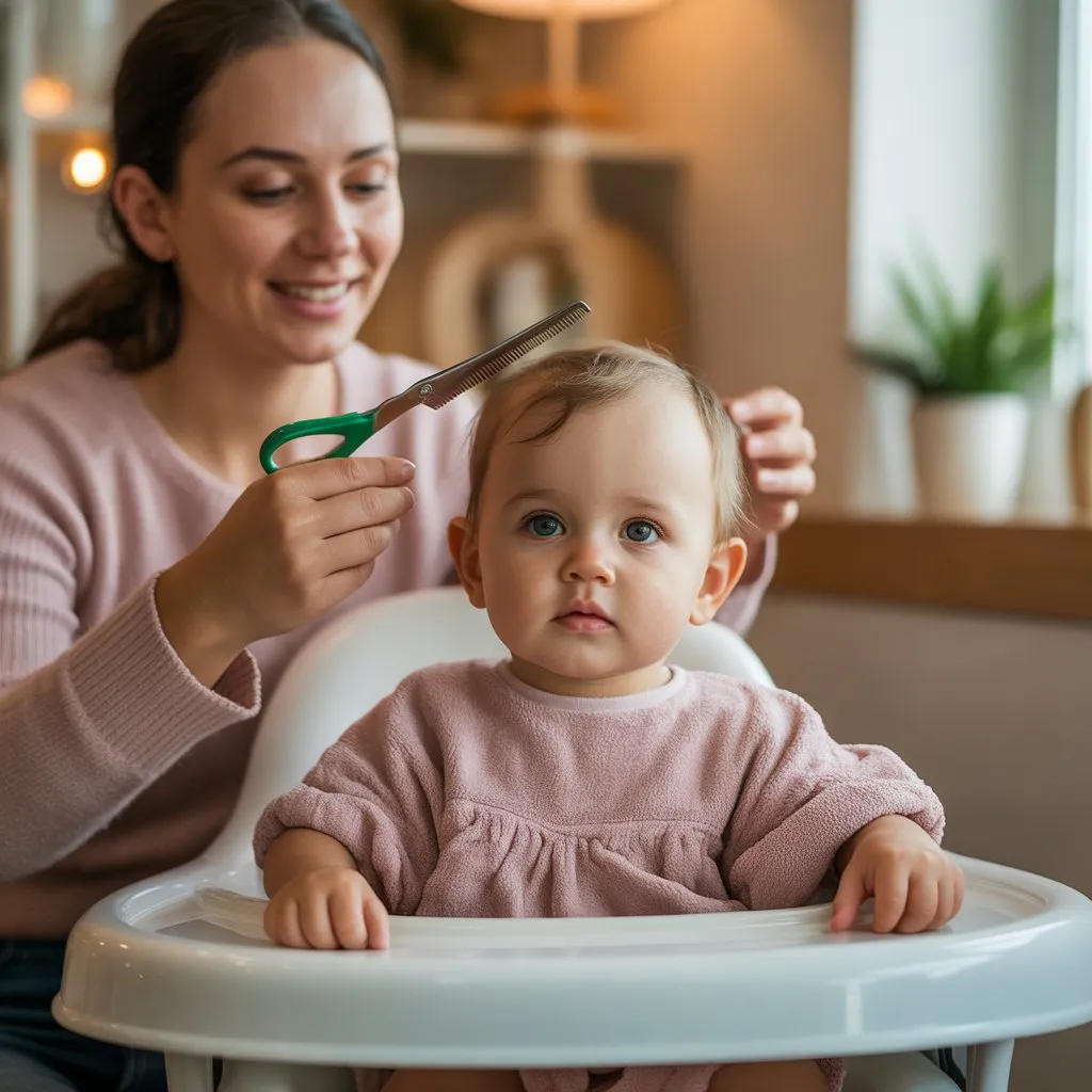 Papá ayudando a su bebé mientras recibe un corte de cabello en un entorno relajado