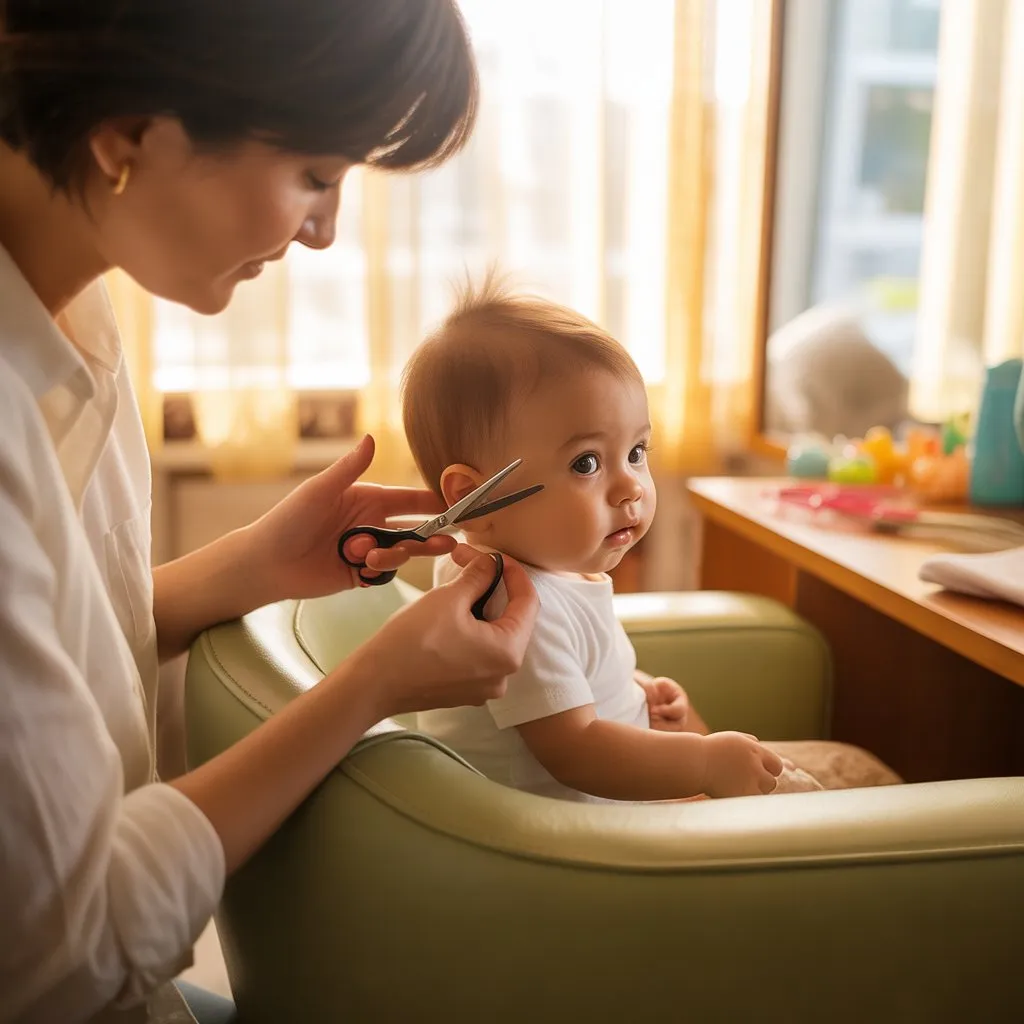 Padre apoyando a su bebé en la peluquería infantil durante un corte de cabello en un entorno