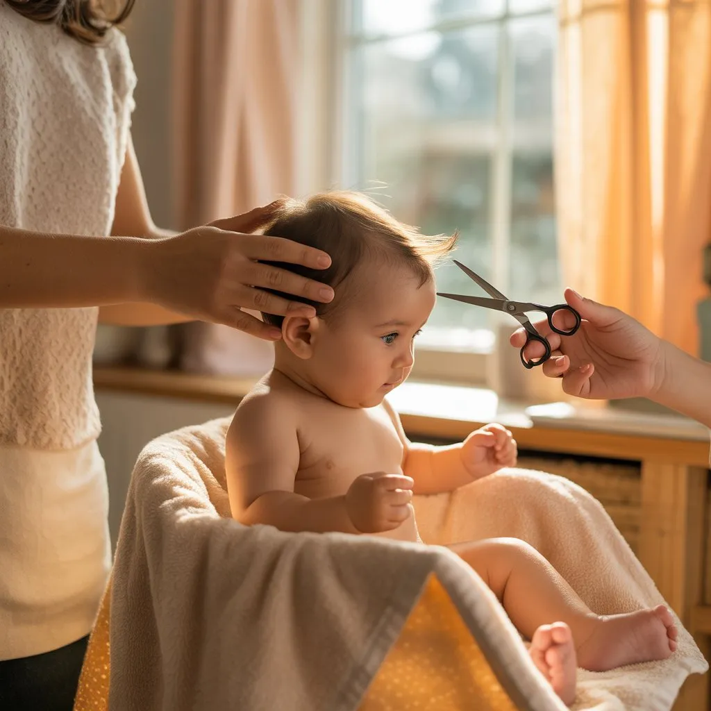 Adulto acompañando a un bebé durante un corte de pelo con colores suaves y ambiente sereno