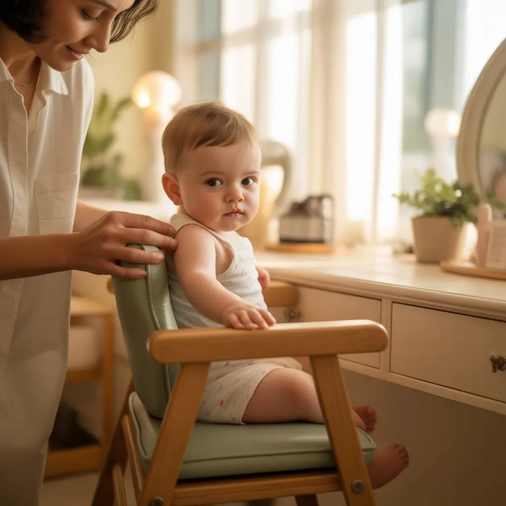 Padre guiando a su bebé durante un corte de pelo en un ambiente tranquilo y cálido