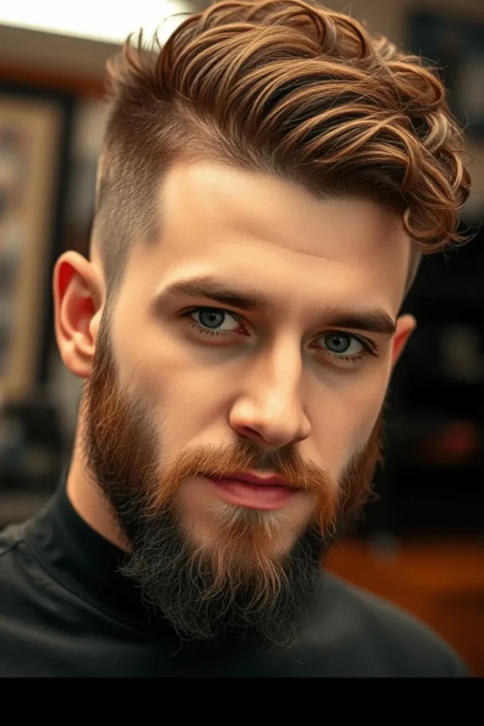 Wolf cut rizado para hombres con rulos definidos, volumen en capas y textura natural.