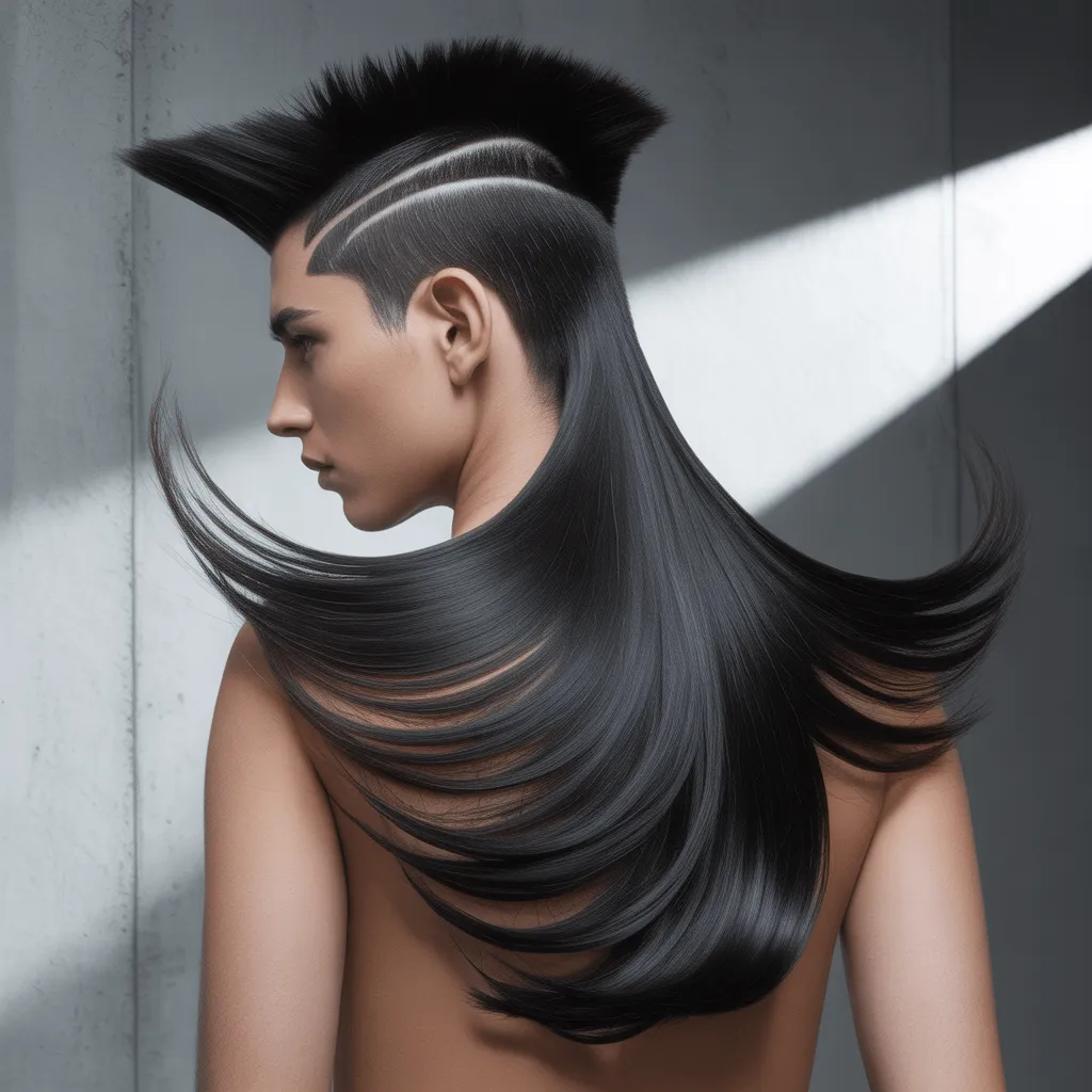 Un atrevido corte de pelo guerrero con cola de lobo que presenta una coronilla degradada y una cola larga y espectacular que fluye en la parte posterior, perfecto para personas atrevidas.