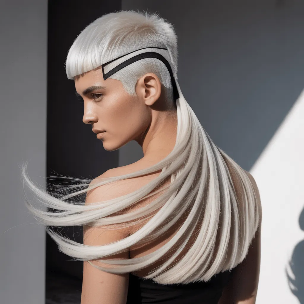 Un espectacular corte de pelo de cola de lobo guerrero con la coronilla degradada y una cola larga y suelta, que desprende un aire salvaje y atrevido.