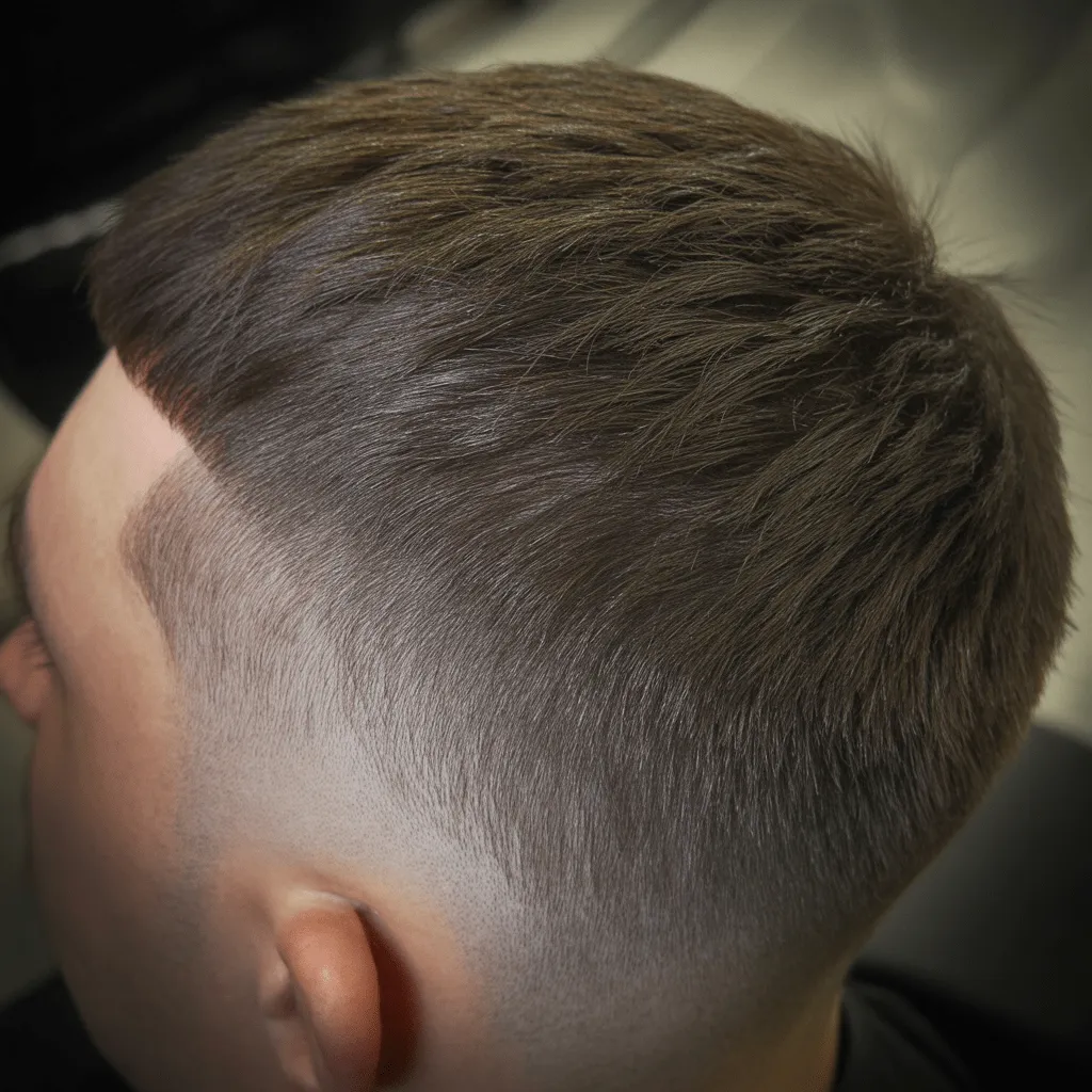 Un corte de pelo guerrero limpio y atrevido, con los lados cortos y la parte superior voluminosa, que refleja fuerza y masculinidad.