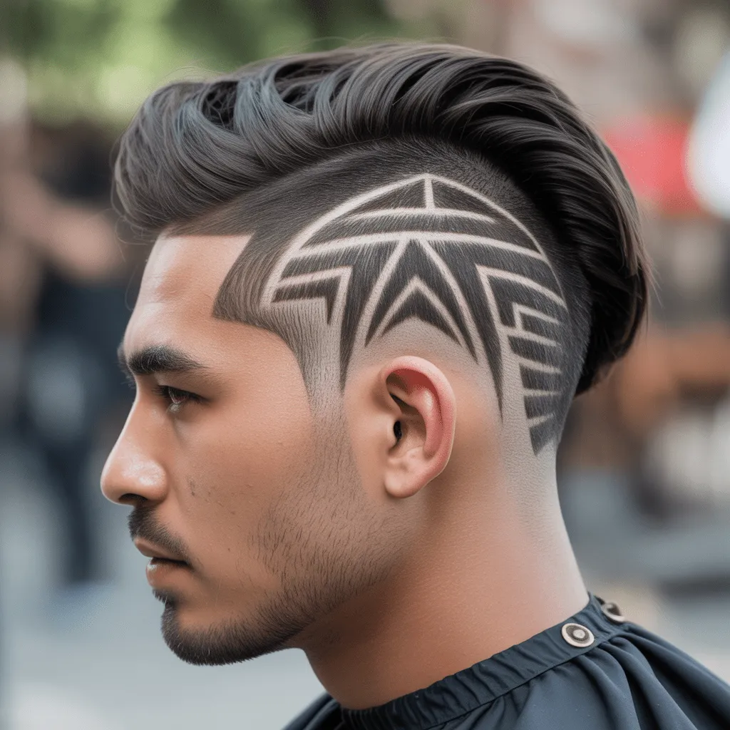 Un corte de pelo inspirado en los aztecas con intrincados patrones geométricos afeitados en los lados, que combina historia y estilo.