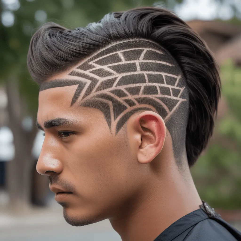 Un corte de pelo de guerrero azteca con diseños geométricos tallados en los lados, que fusiona la cultura antigua con las tendencias contemporáneas.