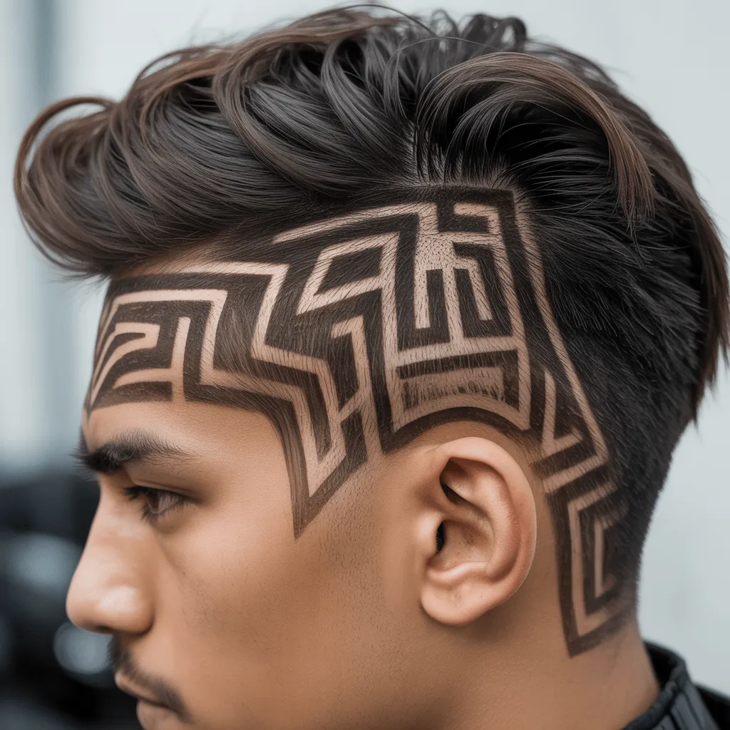 Un peinado inspirado en los guerreros aztecas con patrones geométricos angulares y líneas marcadas en los lados de la cabeza.