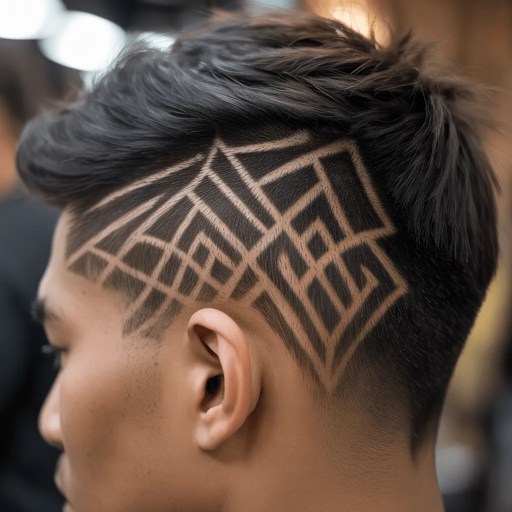 Un detallado corte de pelo guerrero azteca con intrincados grabados geométricos en los lados, que ofrece una mezcla única de estilo antiguo y moderno.