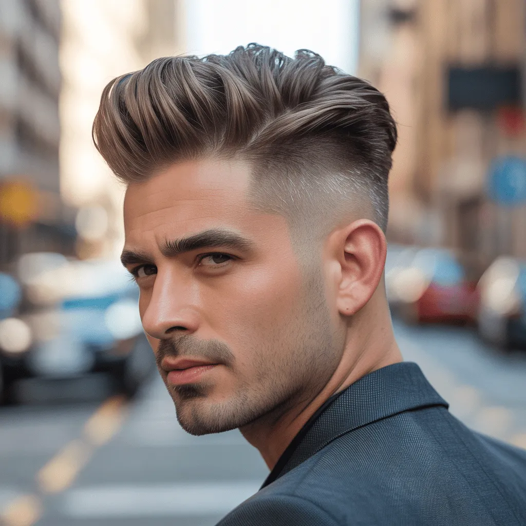 Un corte de pelo guerrero moderno para hombres con los lados cortos y el pelo más largo en la parte superior, ideal tanto para ocasiones profesionales como informales.