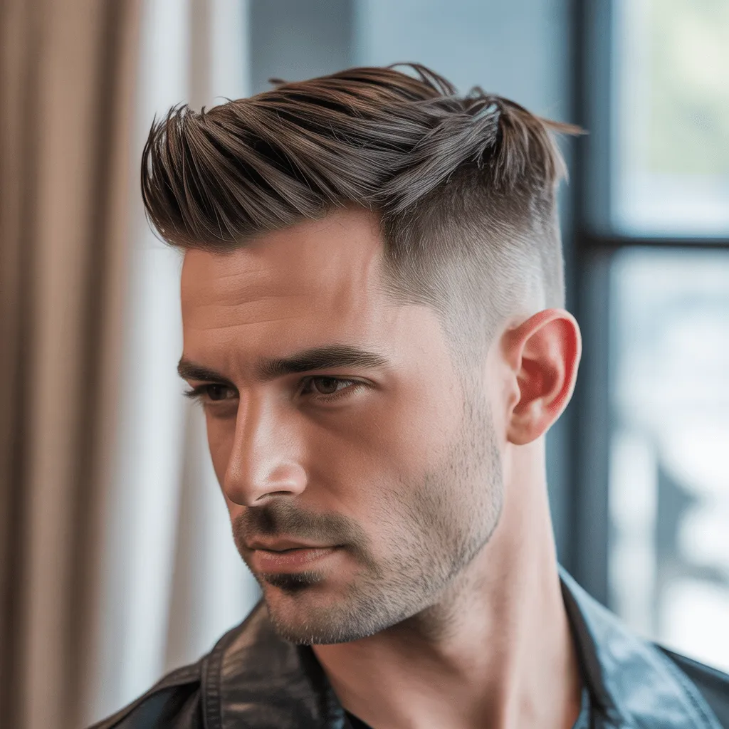 Un corte de pelo guerrero moderno y limpio, con los lados cortos y la parte superior más larga y elegante, perfecto para cualquier caballero moderno.