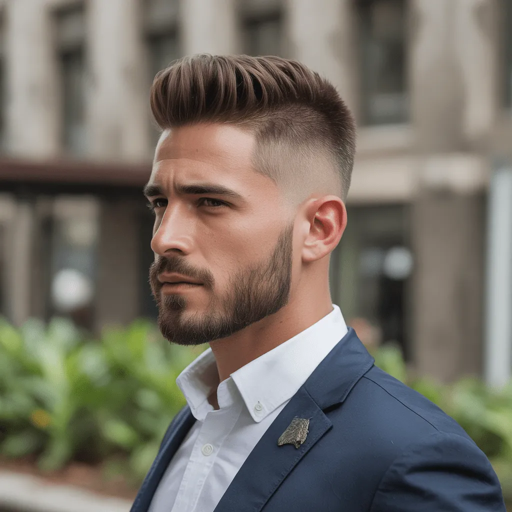 Un elegante corte de pelo guerrero moderno con lados limpios y una parte superior más larga y voluminosa, diseñado para el hombre contemporáneo.
