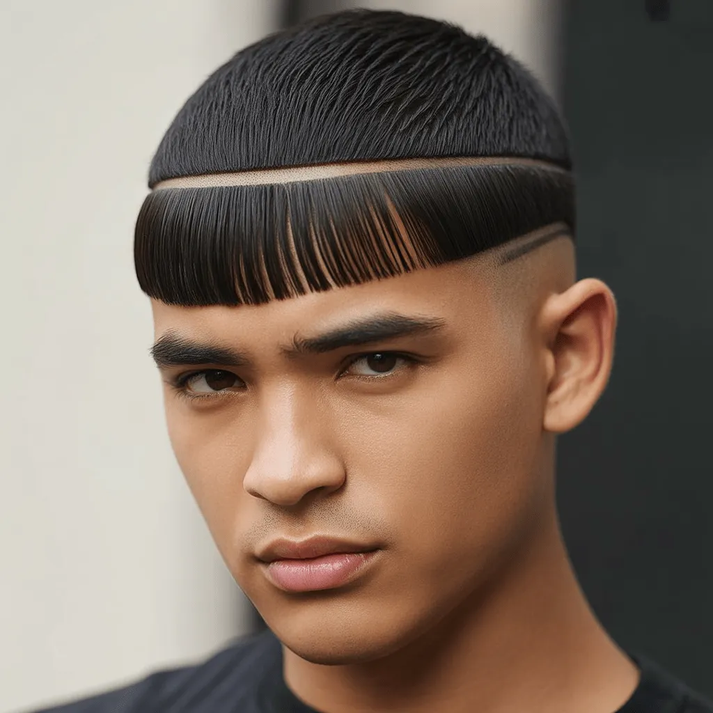 Corte César clásico de hombre joven, con flequillo recto y cabello corto y uniforme, ideal para un estilo limpio y sofisticado. Cortes de pelo para hombres jóvenes