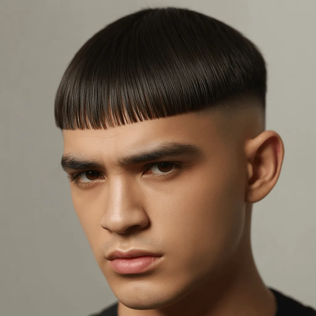 Corte César clásico de hombre joven, con flequillo recto y cabello corto y uniforme, ideal para un estilo limpio y sofisticado.2