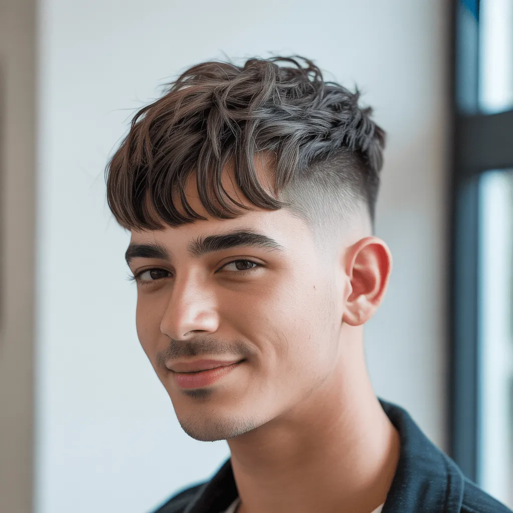 Corte degradado con flequillo para hombre joven, con un desvanecimiento suave y un flequillo largo y moderno. Cortes de pelo para hombres jóvenes