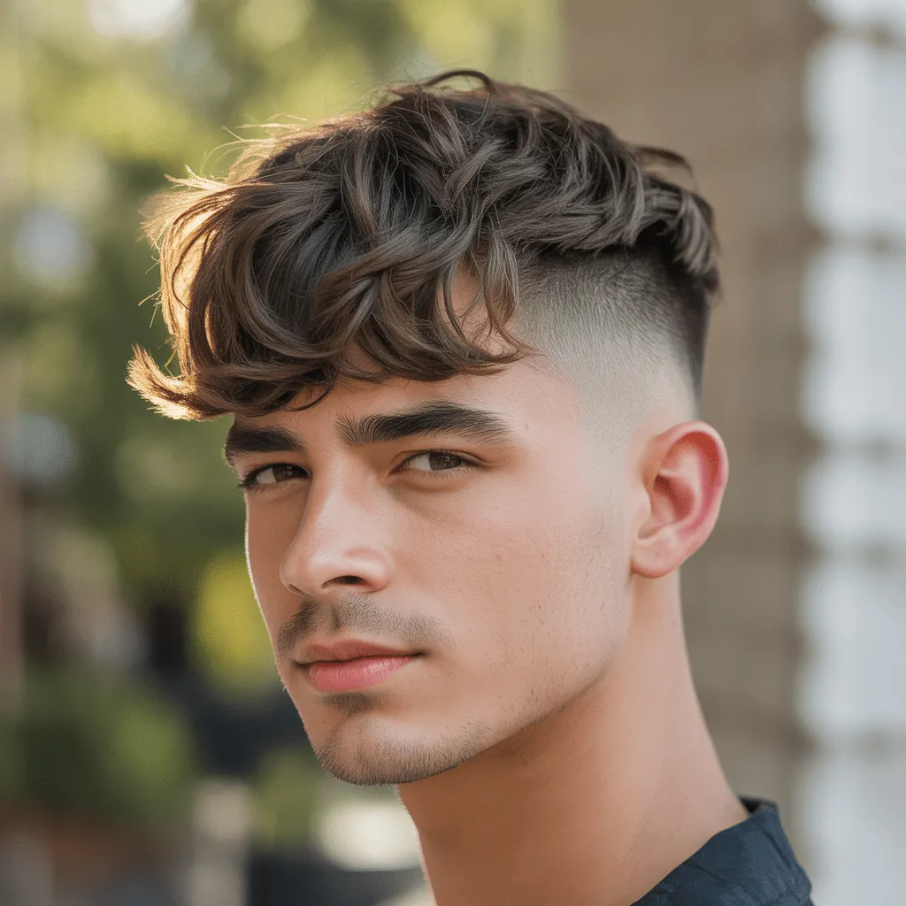 Corte degradado con flequillo para hombre joven, con un desvanecimiento suave y un flequillo largo y moderno. 2