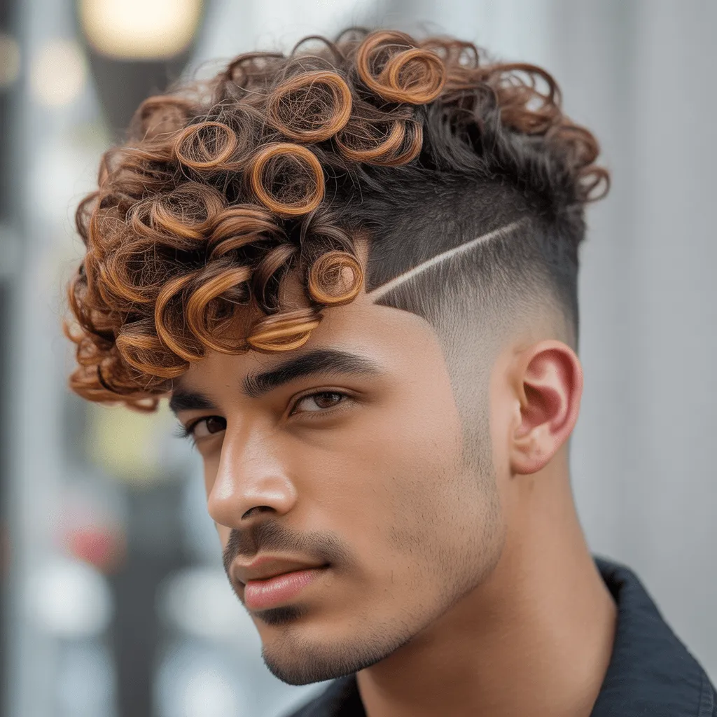 Corte rizado con desvanecimiento en los lados para hombre joven, resaltando el volumen natural de los rizos y un contraste elegante con los lados cortos. Cortes de pelo para hombres jóvenes