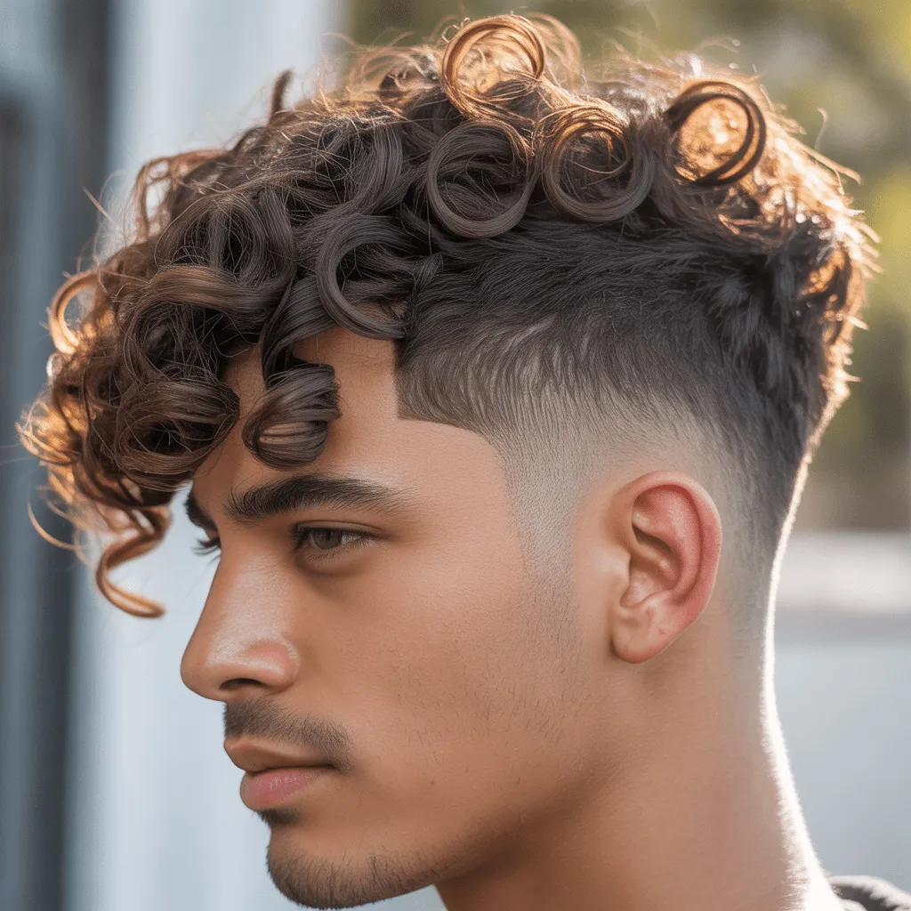 Corte rizado con desvanecimiento en los lados para hombre joven, resaltando el volumen natural de los rizos y un contraste elegante con los lados cortos.2