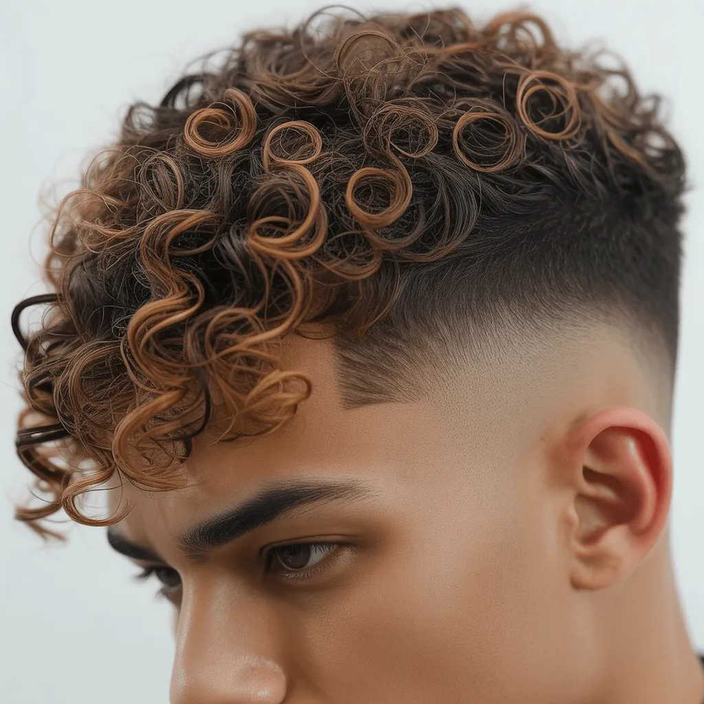 Corte rizado con desvanecimiento en los lados para hombre joven, resaltando el volumen natural de los rizos y un contraste elegante con los lados cortos.3