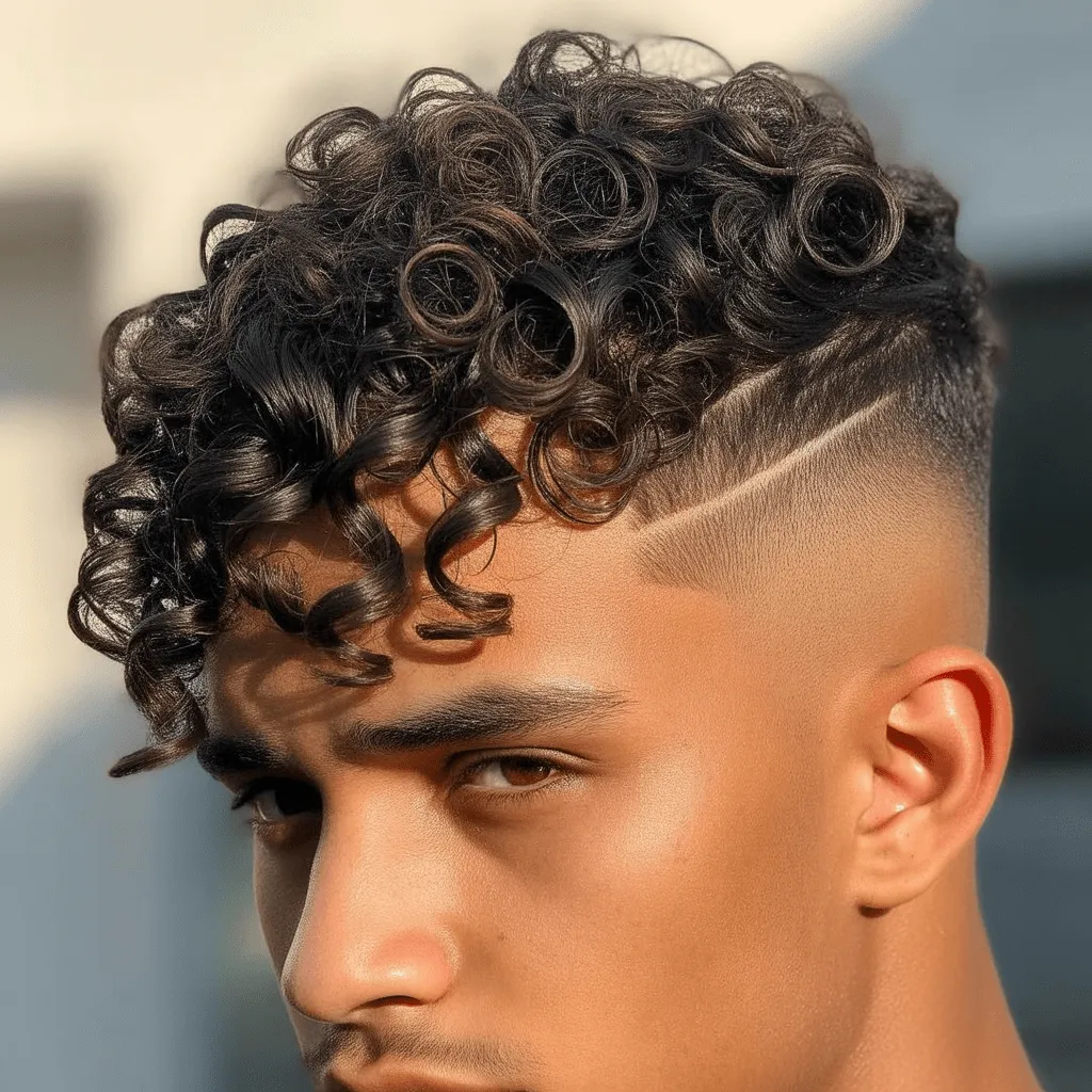 Corte rizado con desvanecimiento en los lados para hombre joven, resaltando el volumen natural de los rizos y un contraste elegante con los lados cortos.4