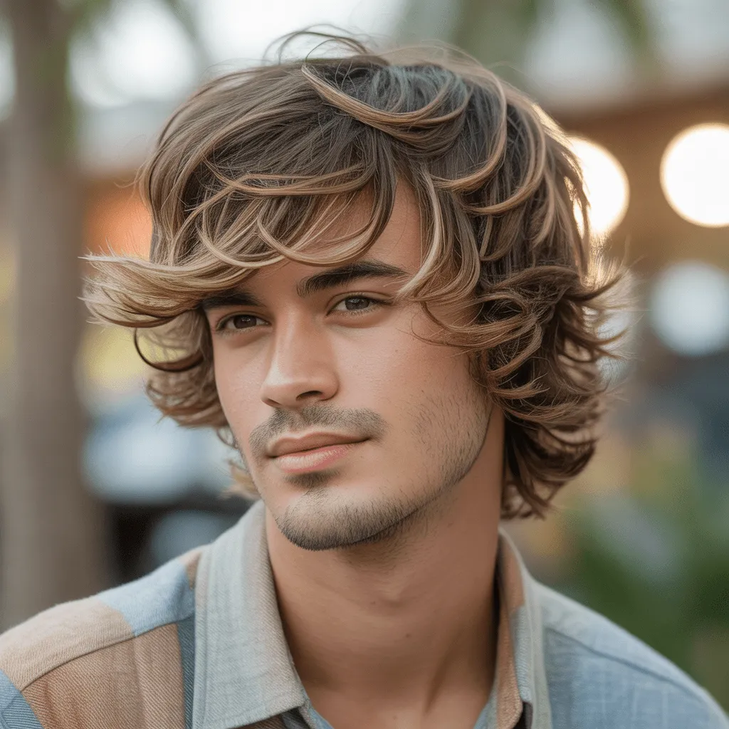 Corte texturizado de hombre joven con capas, creando un look voluminizado y desenfadado, ideal para un estilo casual y relajado, Cortes de pelo para hombres jóvenes