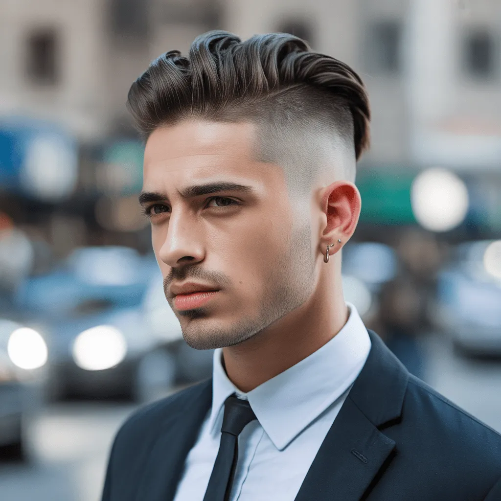 Corte undercut de hombre joven, con contraste entre los lados cortos y la parte superior más larga y peinada hacia atrás, ideal para un look moderno y audaz. Cortes de pelo para hombres jóvenes