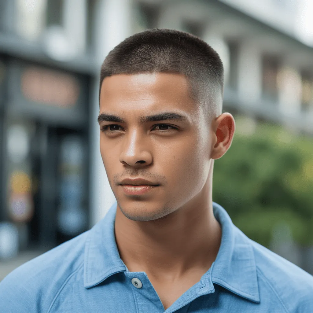 Corte crew cut para hombre joven, con cabello corto y pulido que resalta un estilo sencillo y sofisticado. Cortes de pelo para hombres jóvenes