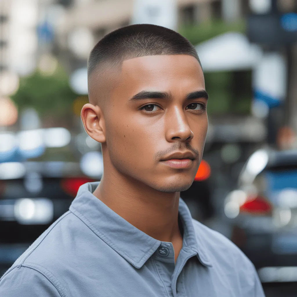 Corte crew cut para hombre joven, con cabello corto y pulido que resalta un estilo sencillo y sofisticado.2