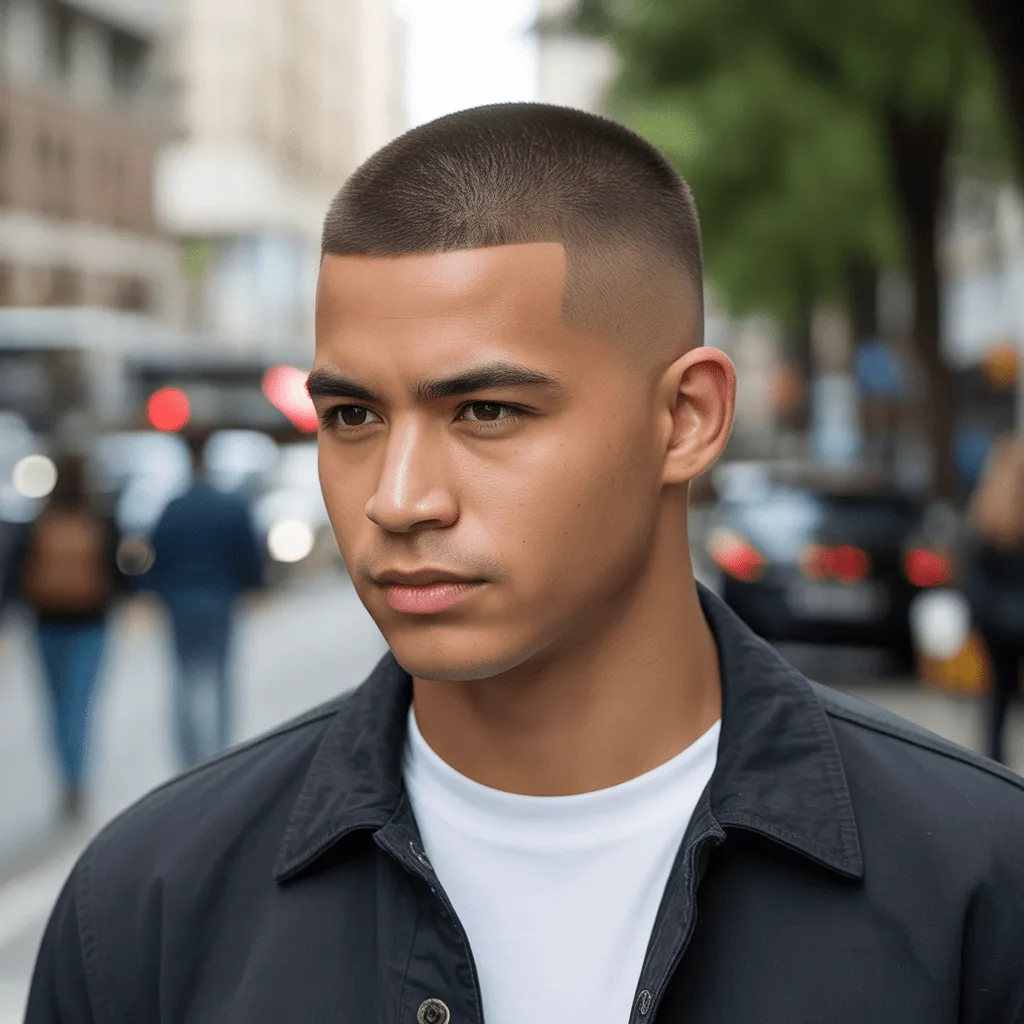 Corte crew cut para hombre joven, con cabello corto y pulido que resalta un estilo sencillo y sofisticado.3