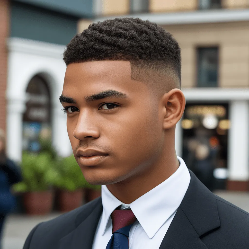 Corte crew cut para hombre joven, con cabello corto y pulido que resalta un estilo sencillo y sofisticado.4