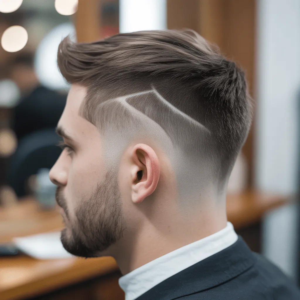 Un hombre con un corte de pelo degradado en forma de V que resalta los rasgos angulares alrededor de la mandíbula y el cuello, Corte de cabello degradado en forma de V
