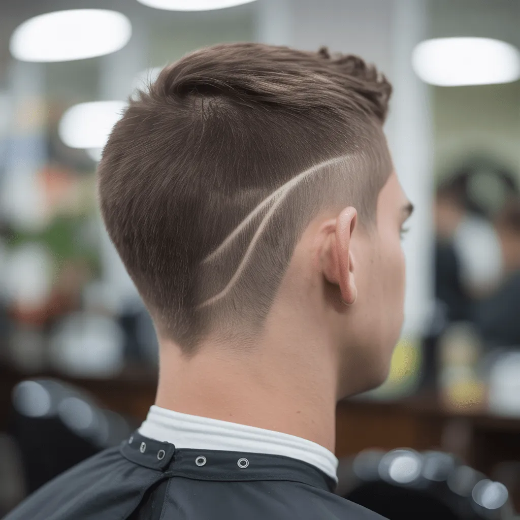 Un hombre luce un corte de pelo con degradado en forma de V y un degradado marcado alrededor del cuello y la línea de la mandíbula para lograr un look limpio y moderno, Corte de cabello degradado en forma de V