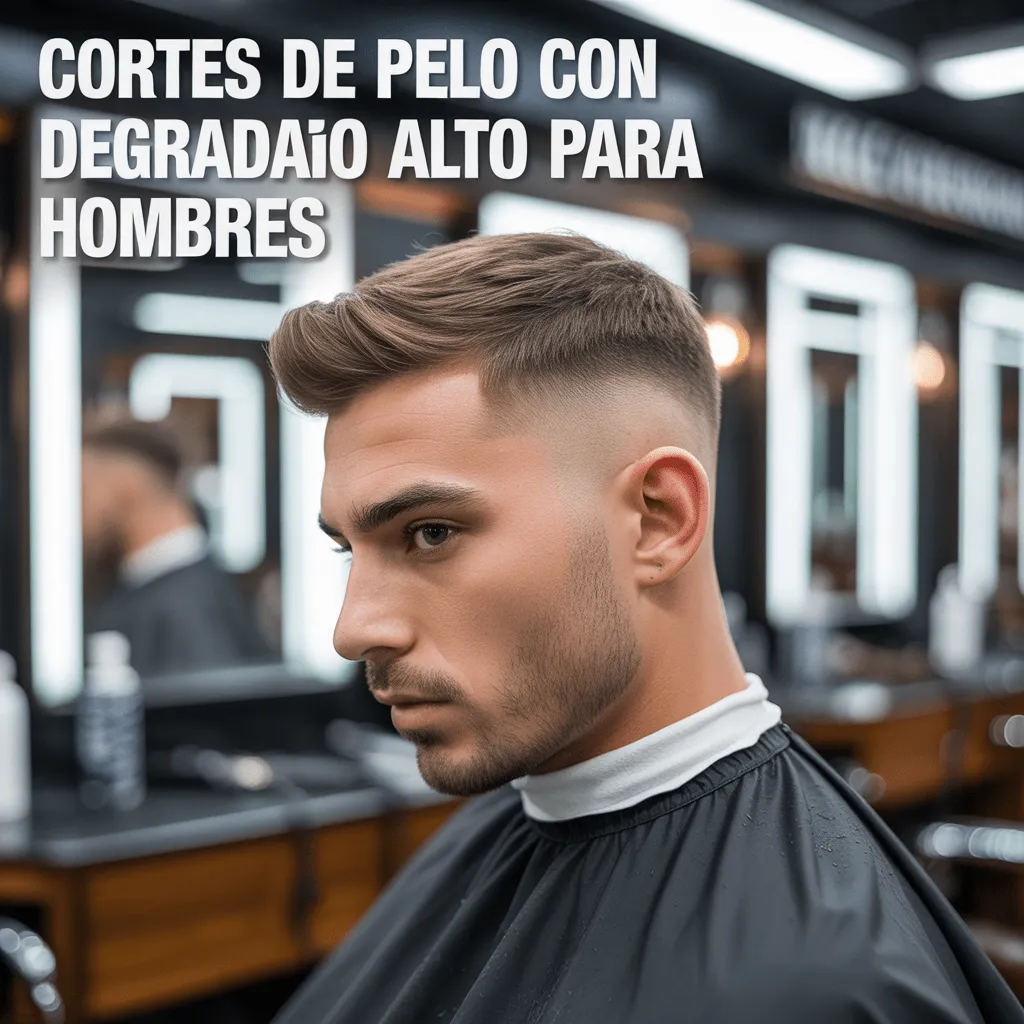 Corte de pelo con degradado alto en hombre con cabello lacio, en una peluquería elegante. Estilo limpio y pulcro para un look sofisticado y moderno.
