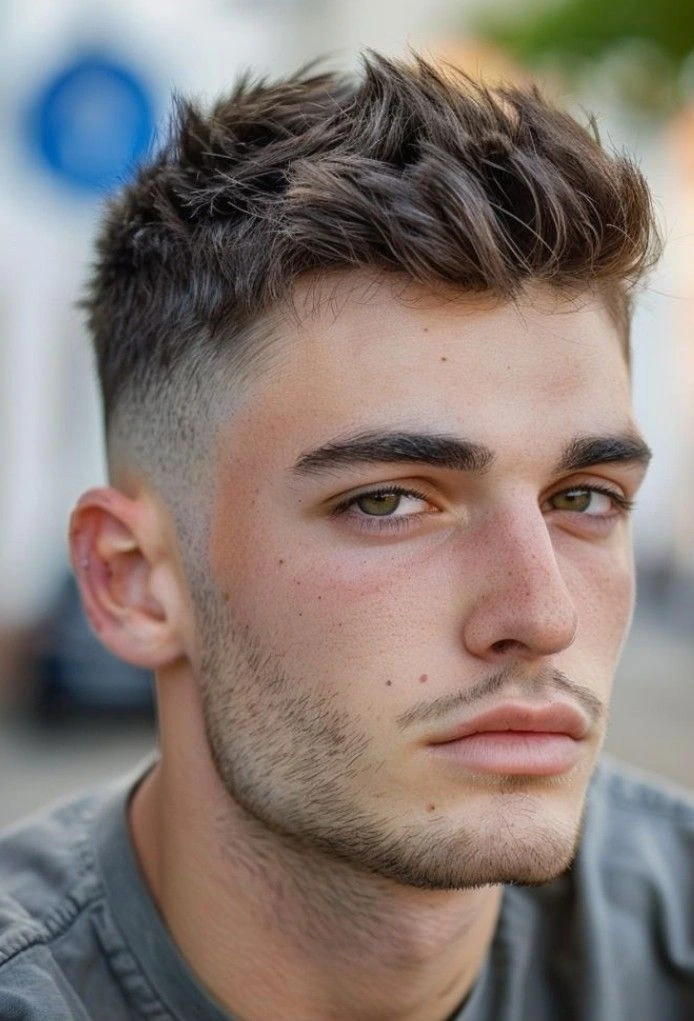 Corte de pelo alto degradado con cabello puntiagudo, dando un aspecto moderno y audaz. Corte de Pelo con Degradado Alto