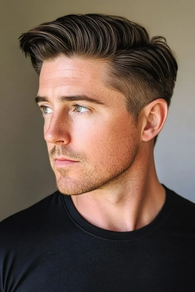 Corte de pelo con partido lateral para rostro triangular, añadiendo simetría y suavizando la línea de la mandíbula.