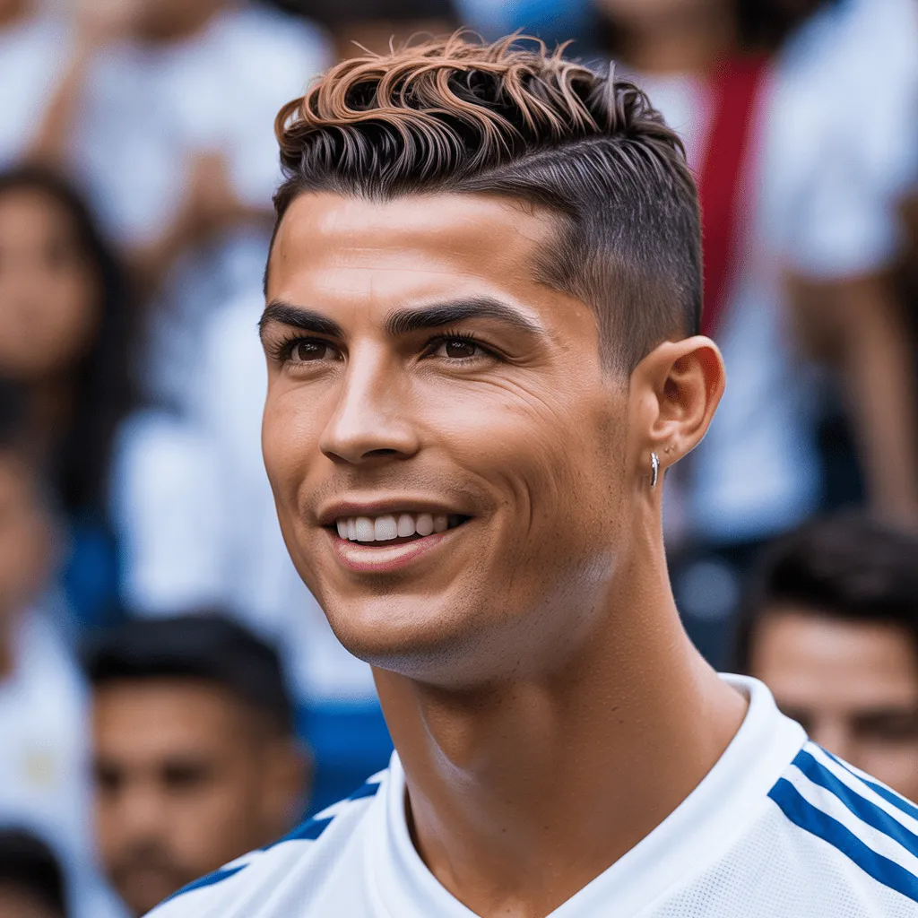 Corte de pelo degradado de Cristiano Ronaldo en el Real Madrid, mostrando un estilo elegante y refinado con un top corto y textura.