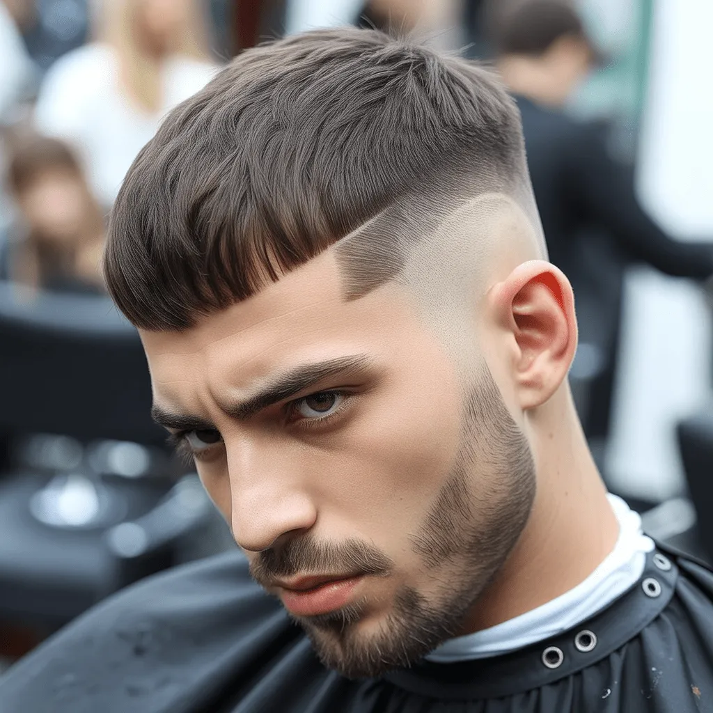 Corte de pelo Edgar con Low Taper, con flequillo corto y despeinado, líneas rectas en los lados y un acabado limpio y audaz.
