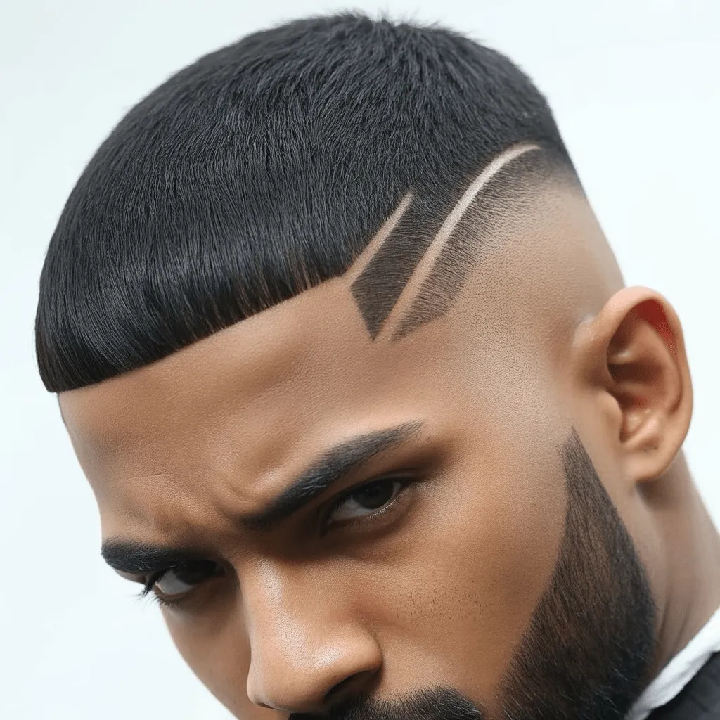 Corte de pelo Edgar con Low Taper, con flequillo corto y despeinado, líneas rectas en los lados y un acabado limpio y audaz.