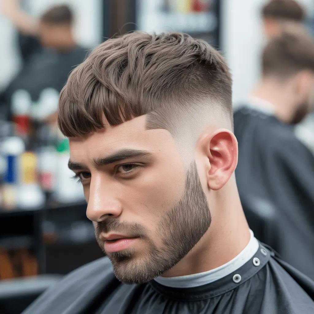 Corte de pelo Edgar con Low Taper, con flequillo corto y despeinado, líneas rectas en los lados y un acabado limpio y audaz.