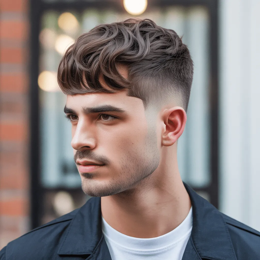Corte de pelo clásico con flequillo bajo y degradado, ofreciendo un estilo sofisticado y pulido para hombres.