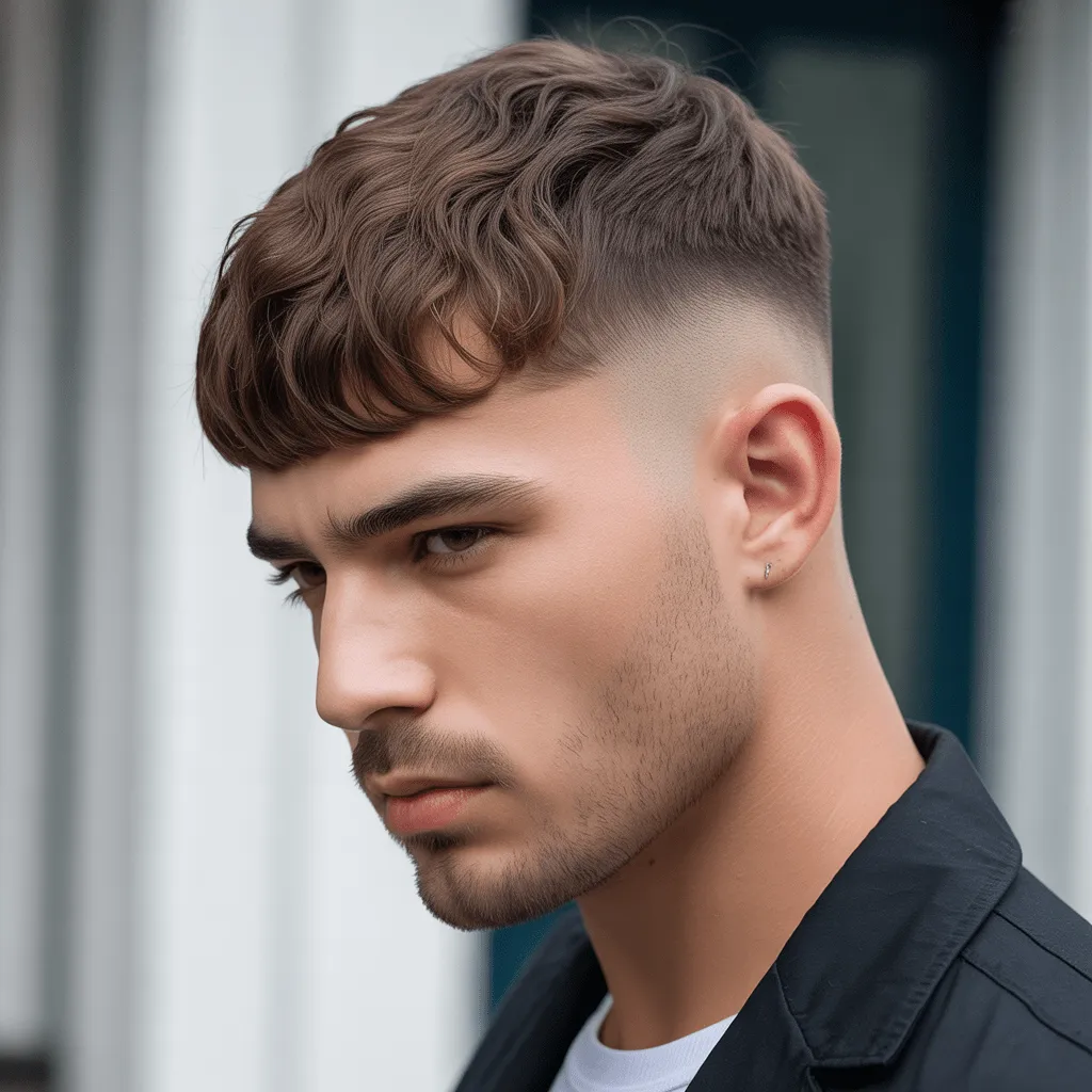 Flequillo bajo degradado con textura en la parte superior, perfecto para añadir volumen y dinamismo al estilo masculino.