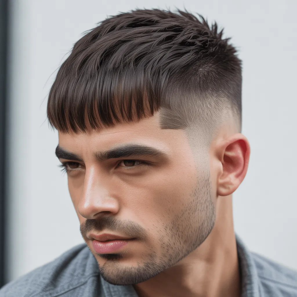 Corte de pelo con flequillo bajo y degradado, ideal para hombres con cabello rizado, destacando la textura natural.