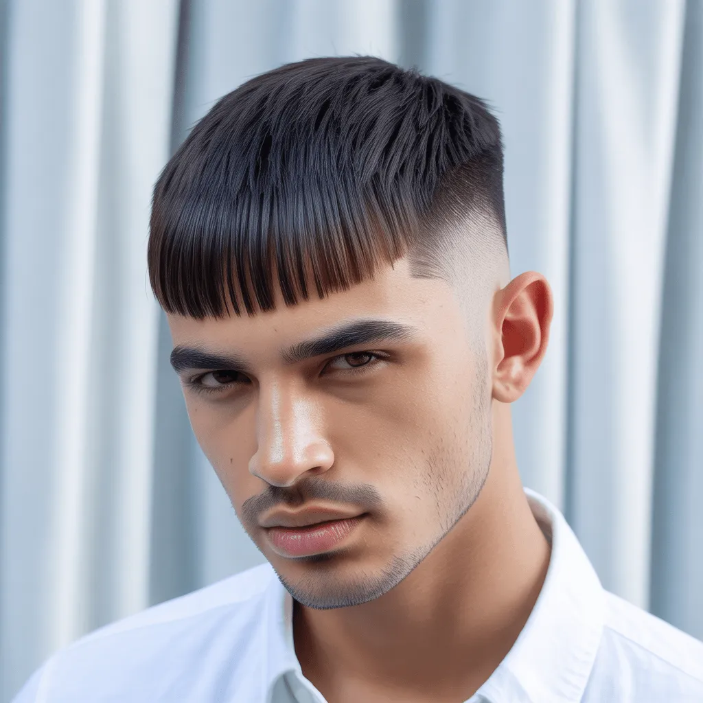 Corte de pelo con flequillo bajo y degradado, con un look moderno y elegante para hombres, ideal para cualquier tipo de cabello.