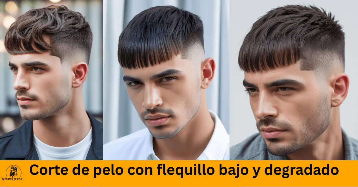 Corte de pelo con flequillo bajo y degradado, con un look moderno y elegante para hombres, ideal para cualquier tipo de cabello.,perfecto para añadir volumen y dinamismo al estilo masculino.