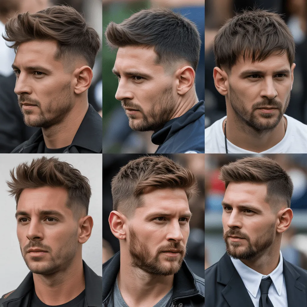 Hombre con corte de pelo low fade inspirado en Lionel Messi, con bordes nítidos y la parte superior ligeramente más larga. Cortes de Pelo de Messi