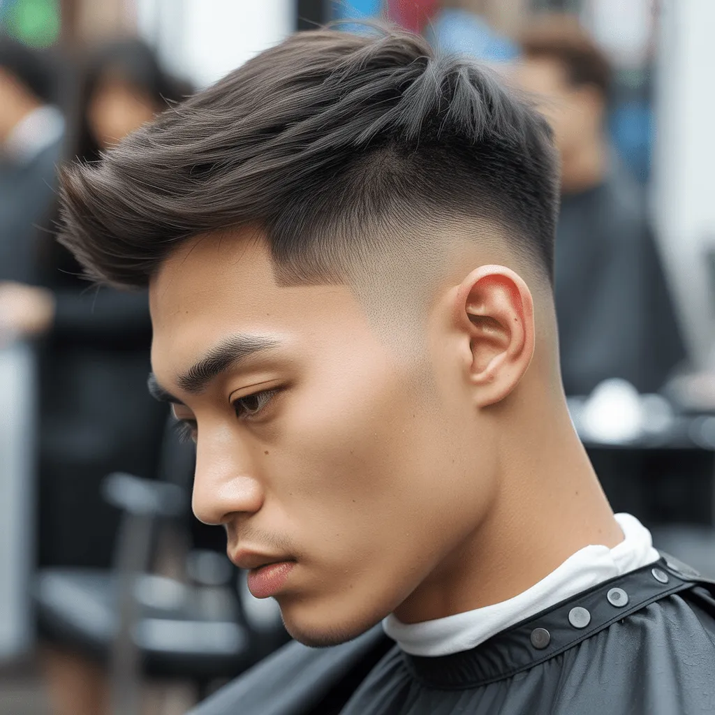 Corte de pelo Low Taper para hombres asiáticos, con la parte superior texturizada y un degradado limpio en los lados, ideal para cabello grueso y liso.